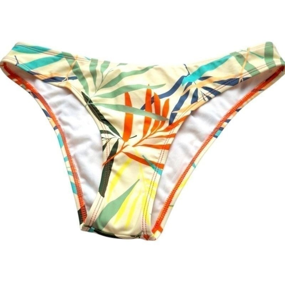 Cupshe Bikini Bottom Small Ivory Orange Green Tropical Leaf Print Boho Beachwear